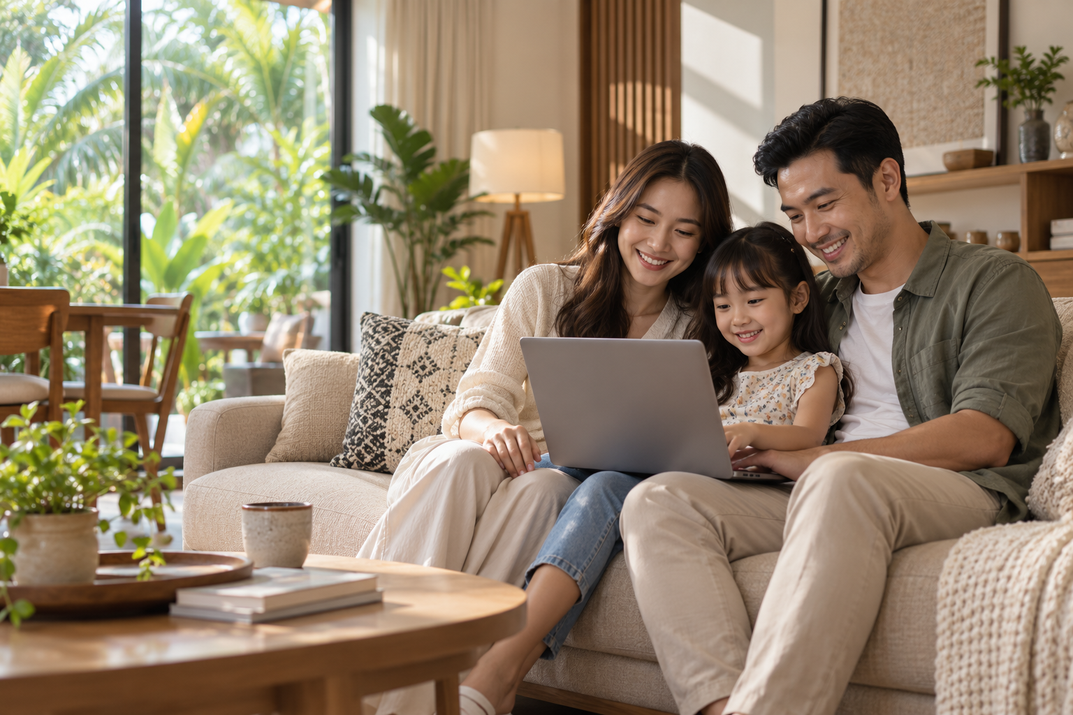 Illustrative Malaysian family enjoying a laptop together at home