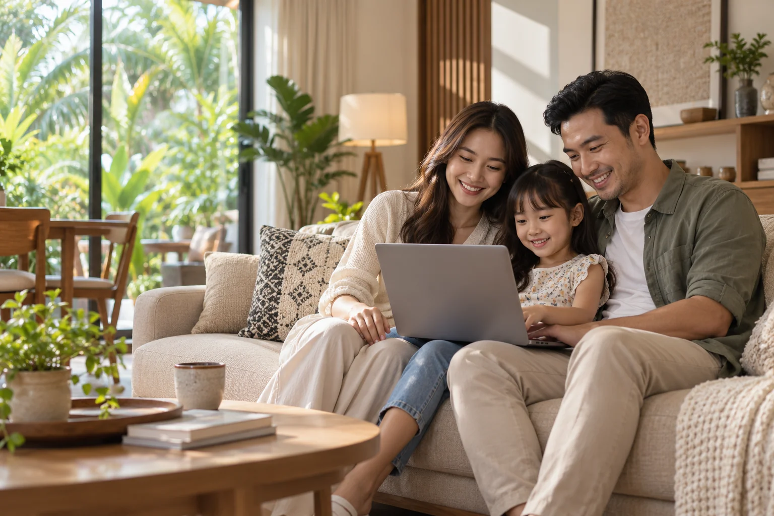 Illustrative Malaysian family enjoying a laptop together at home