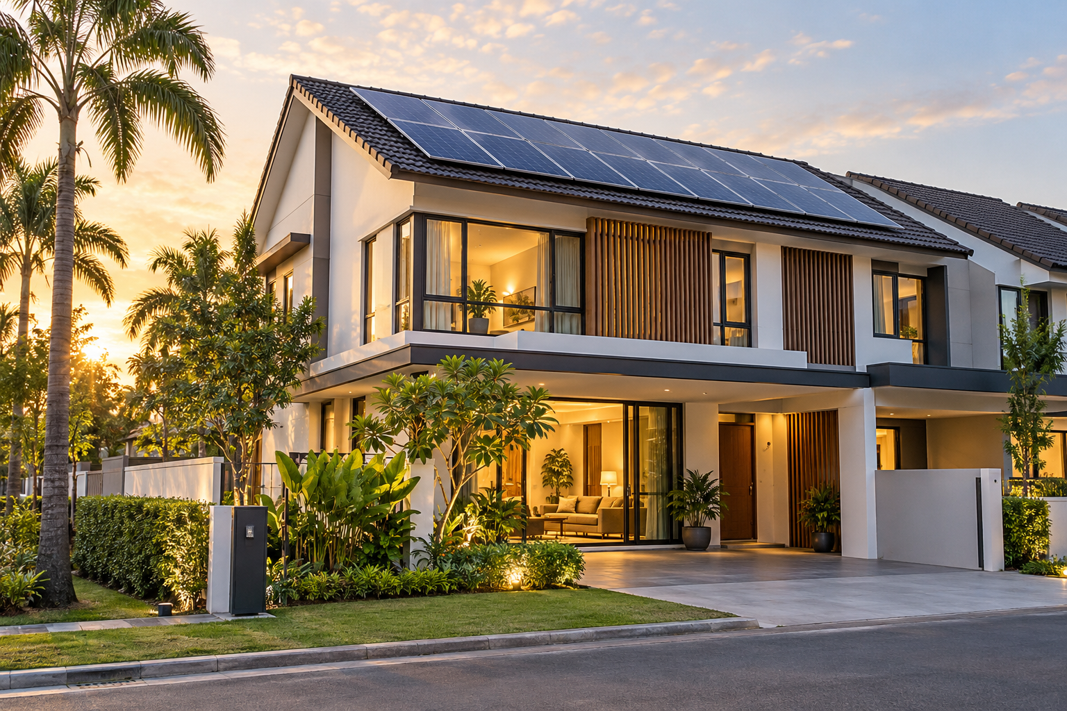 Illustration of a contemporary Malaysian home with rooftop solar panels