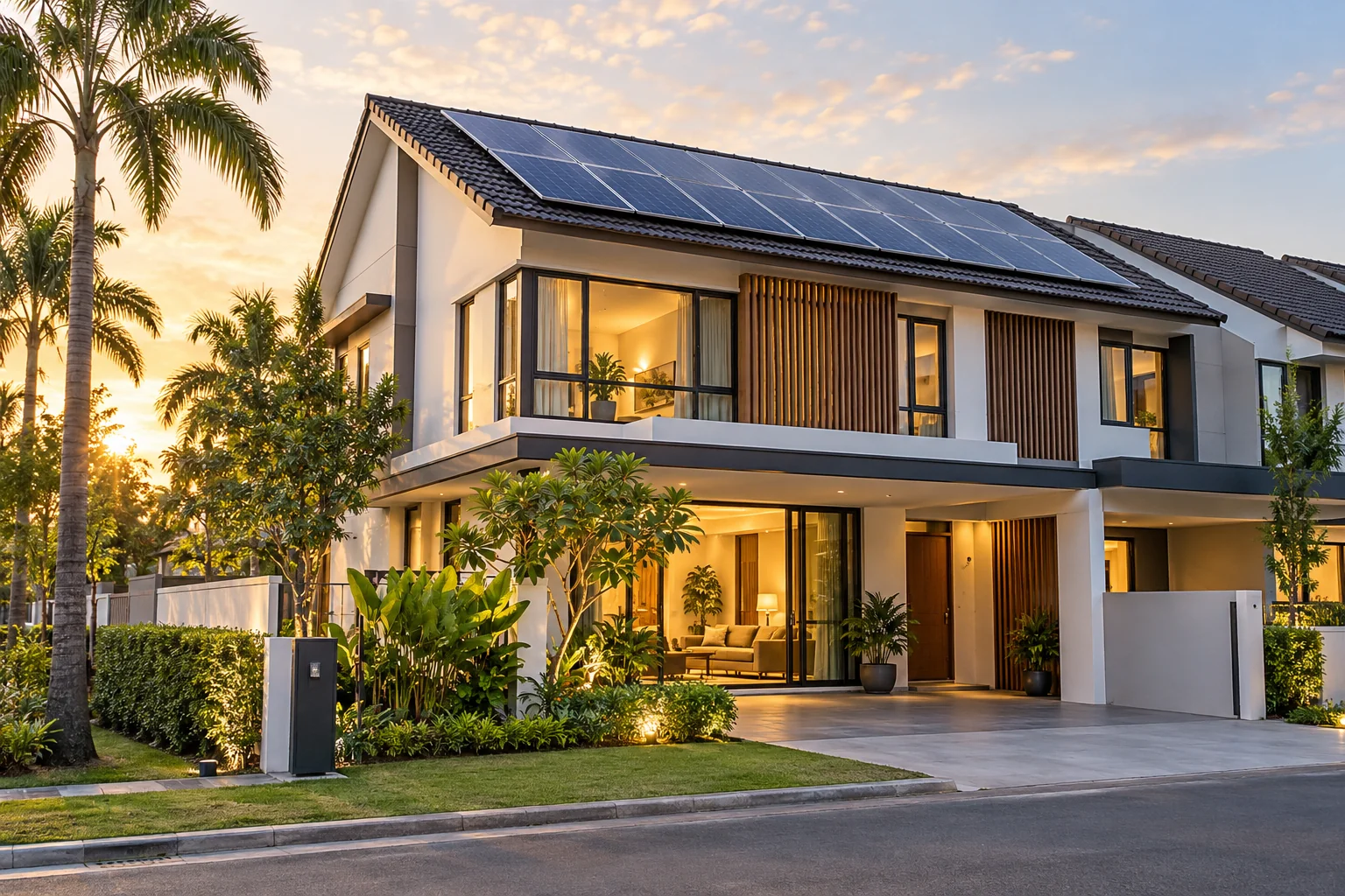 Illustration of a contemporary Malaysian home with rooftop solar panels